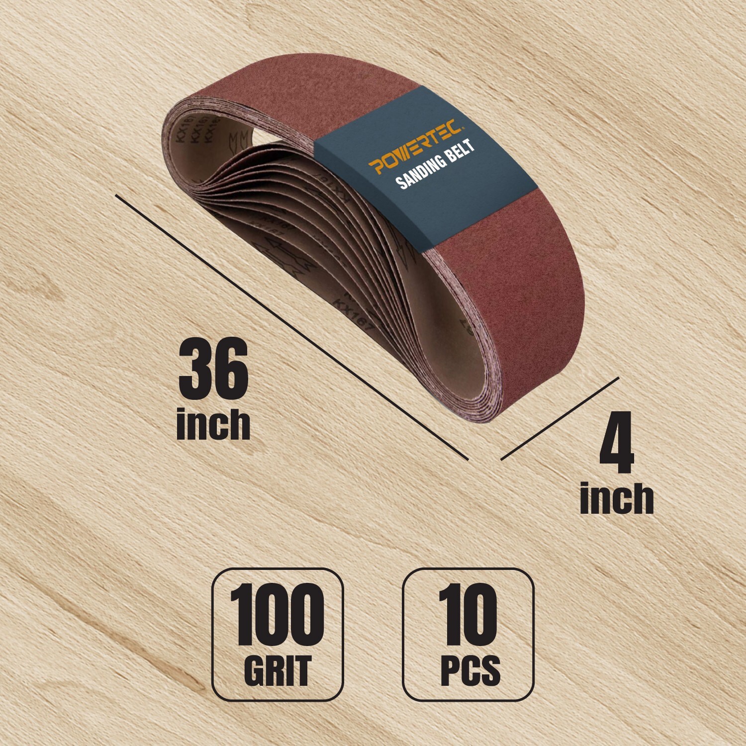 POWERTEC 4 x 36″ Sanding Belt 100 Grit 10 PK Aluminum Oxide Sandpaper 110130