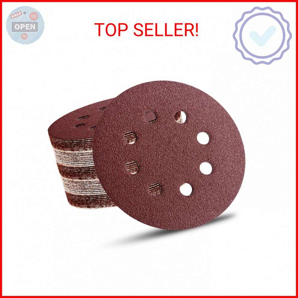 52 Pack 5 Inch 8-Hole Hook and Loop Sanding Discs Sandpaper Red Round 60 80 120