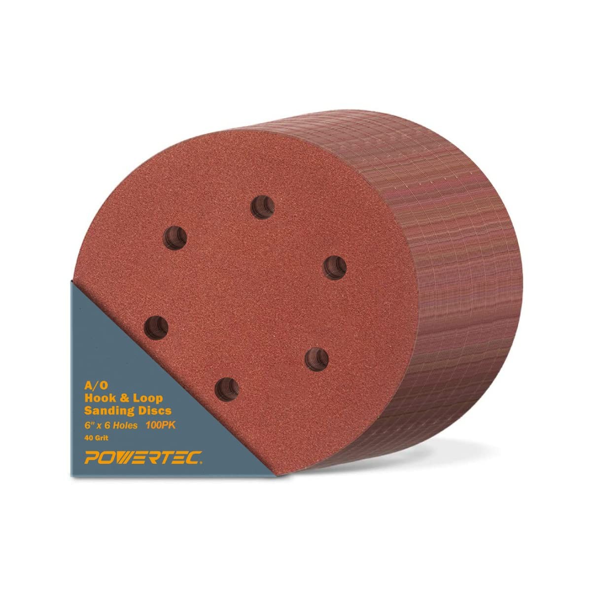 POWERTEC 40 Grit, 100 Pack, 6 Inch Sanding Discs – Hook 40 6 x 6h, Red