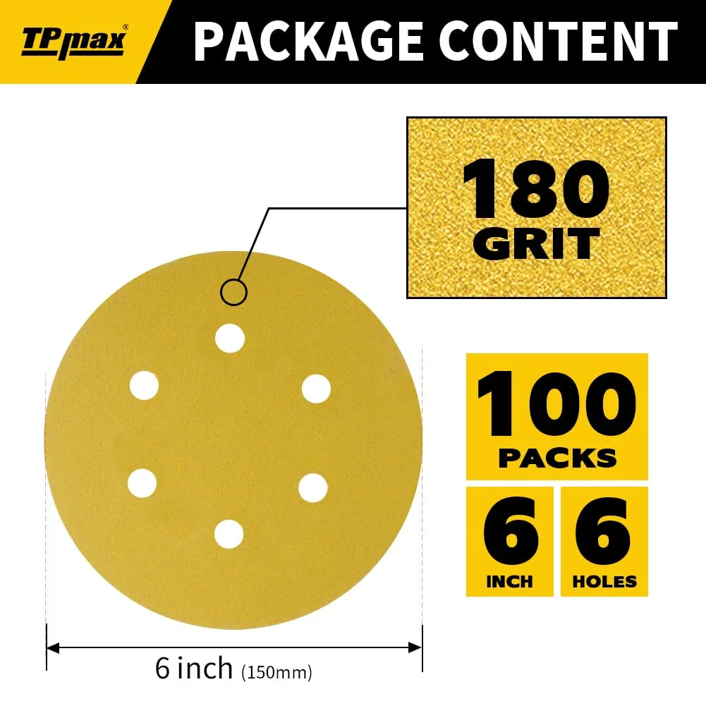 100PCS 6 Inch 180 Grit 150mm 6 Hole Sanding Discs Sandpaper – Premium Gold Round