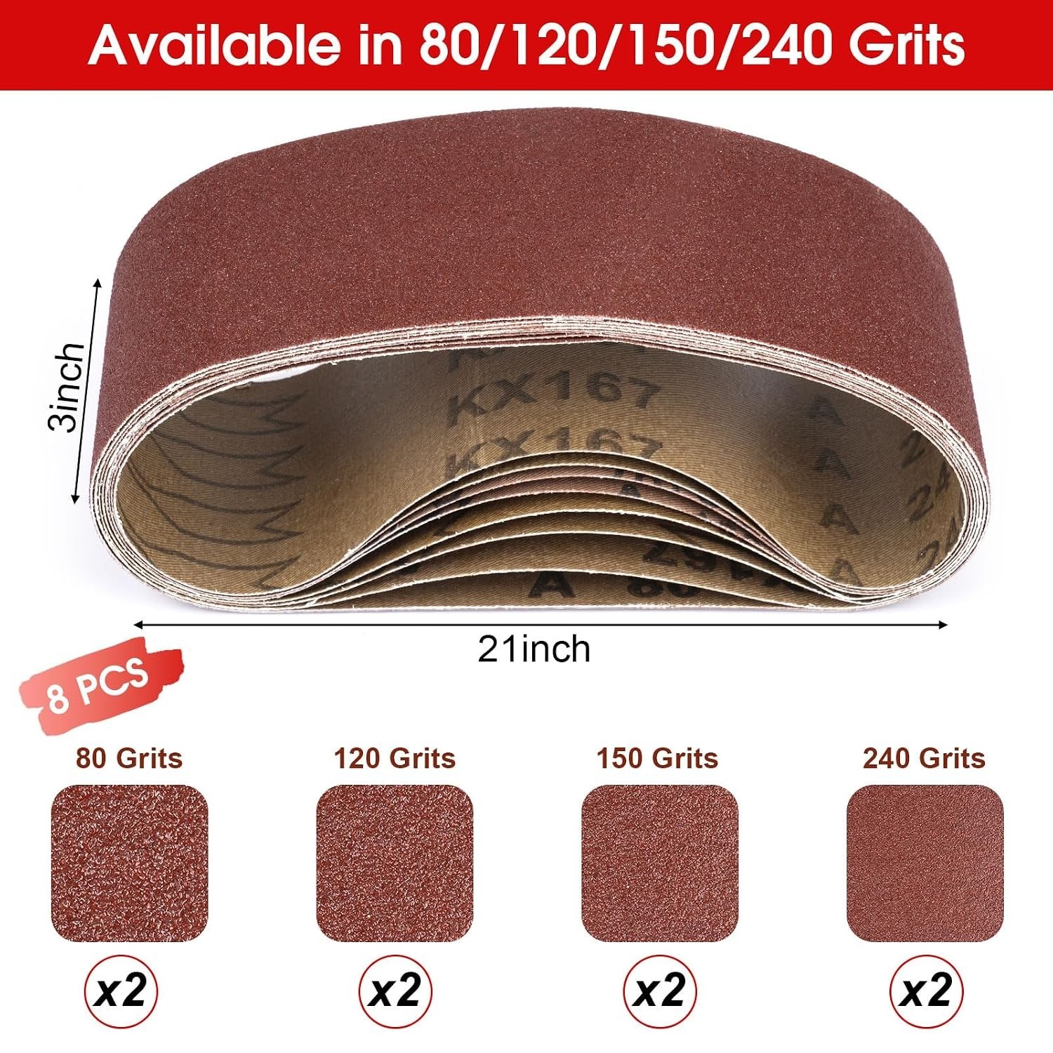 Sanding Belts for Multiple Applications – Aluminum Oxide 3 x 21 Inch – 8 Pcs