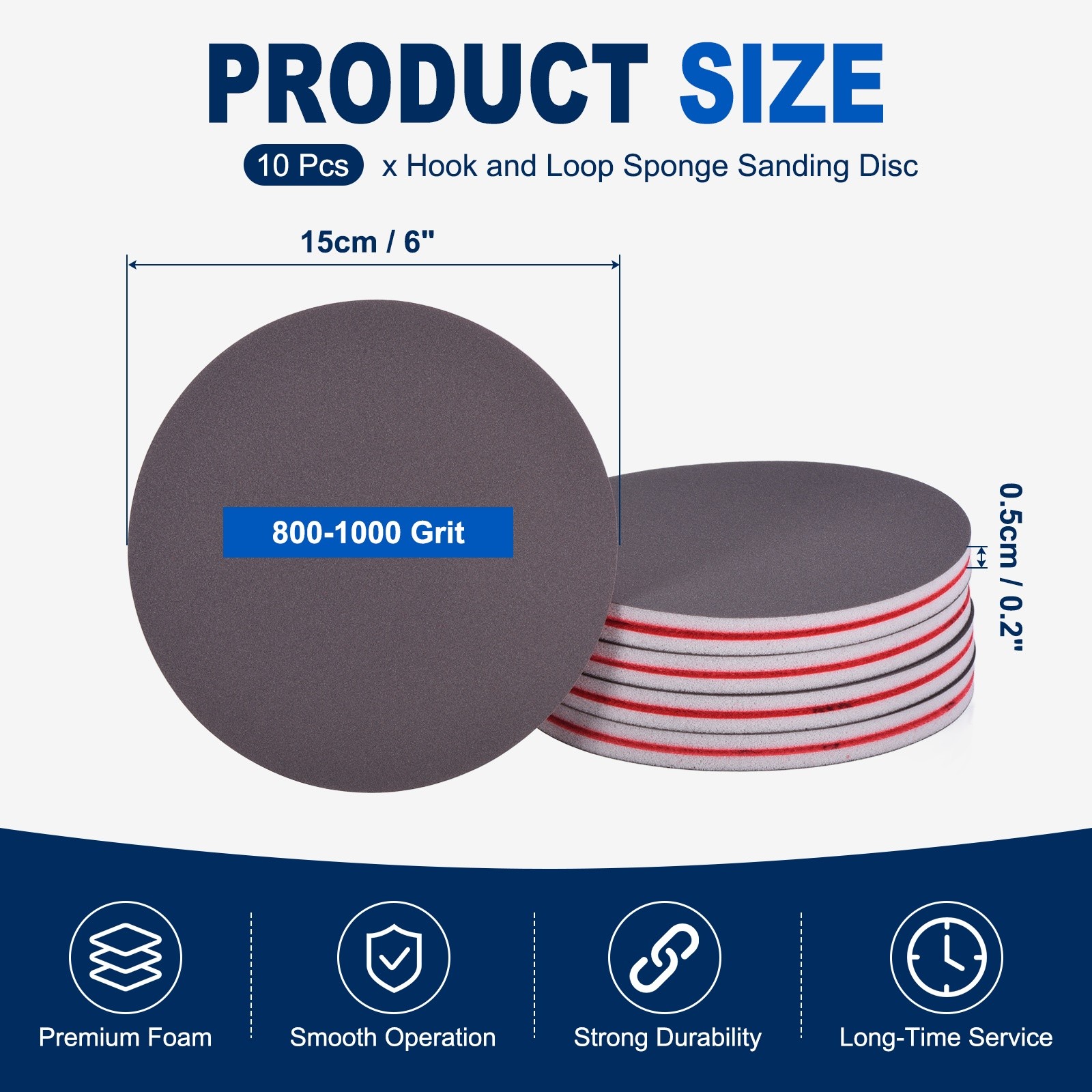 10 Pcs 800-1000 Grit 6 Inch Hook and Loop Sponge Sanding Disc for Sander, Black
