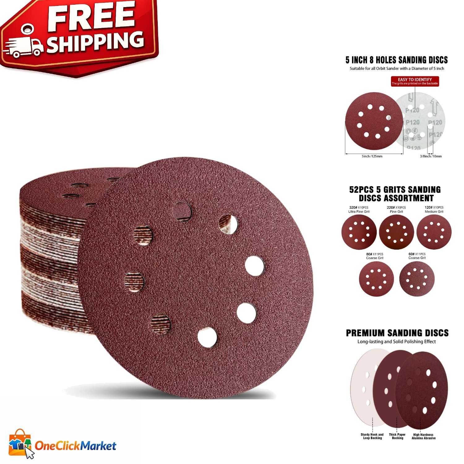 52-Pack 5-Inch Sanding Discs: 60 to 320 Grit for Versatile Use