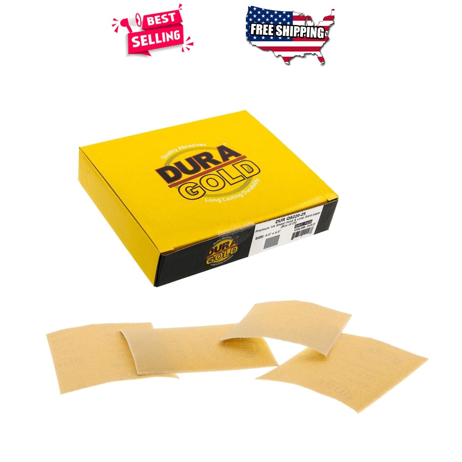 220 Grit Sandpaper Sheets 1/4 Sheet Size Hook & Loop 4.5×5.5in 25 Pack Wood Auto