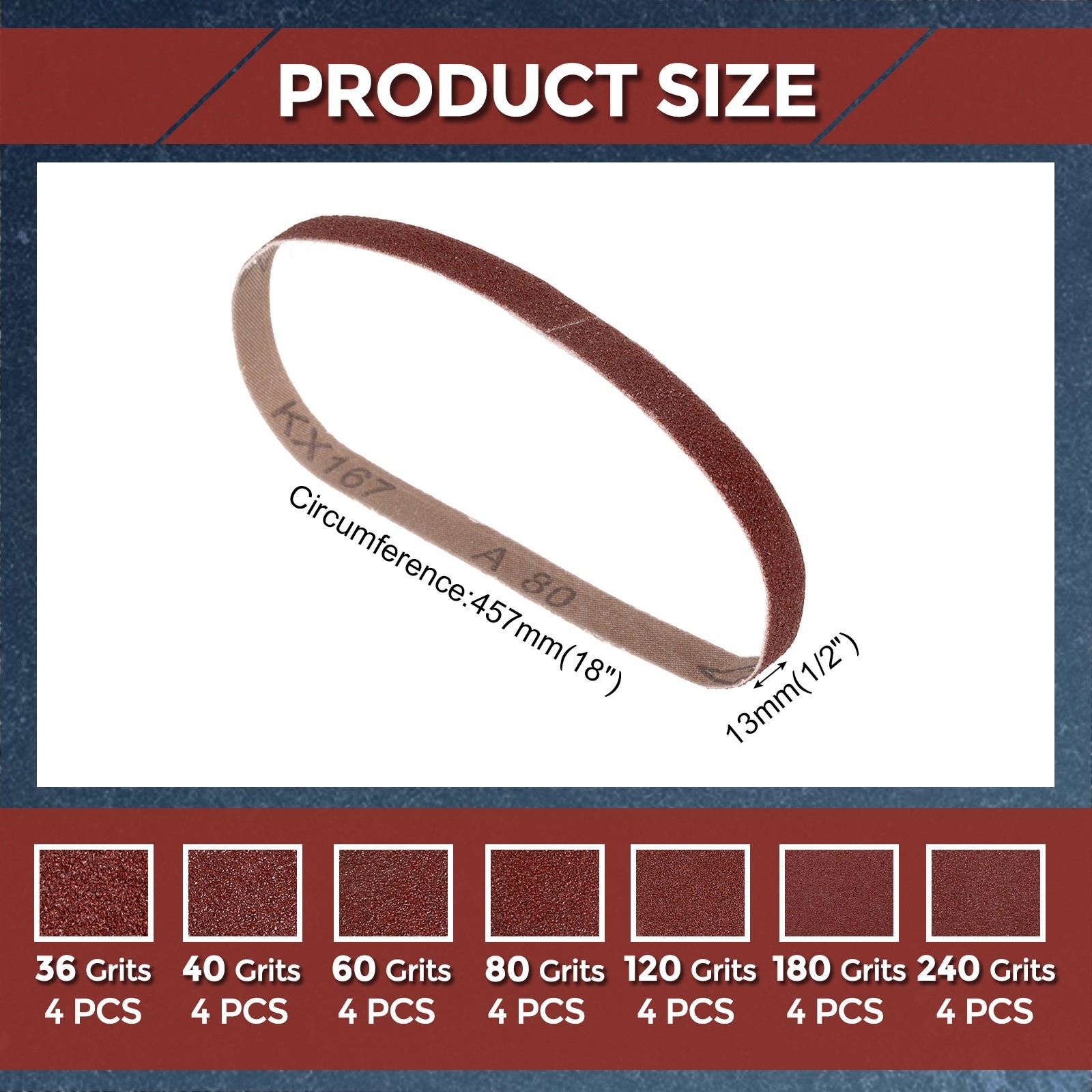 28 Pcs Sanding Belts 1/2 x 18 Inch 36/40/60/80/120/180/240 Grit Aluminum Oxide