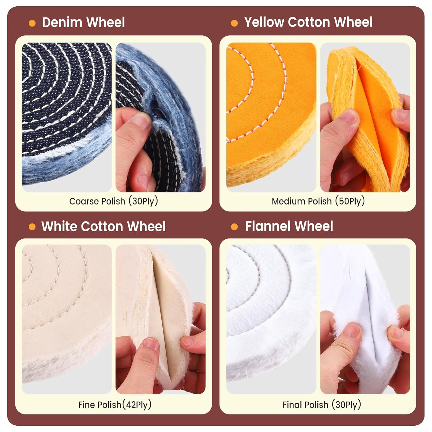 8PCS 6 Inch Buffing & Polishing Wheel Kit for Bench Grinder, 1/2″ Arbor Hole, De