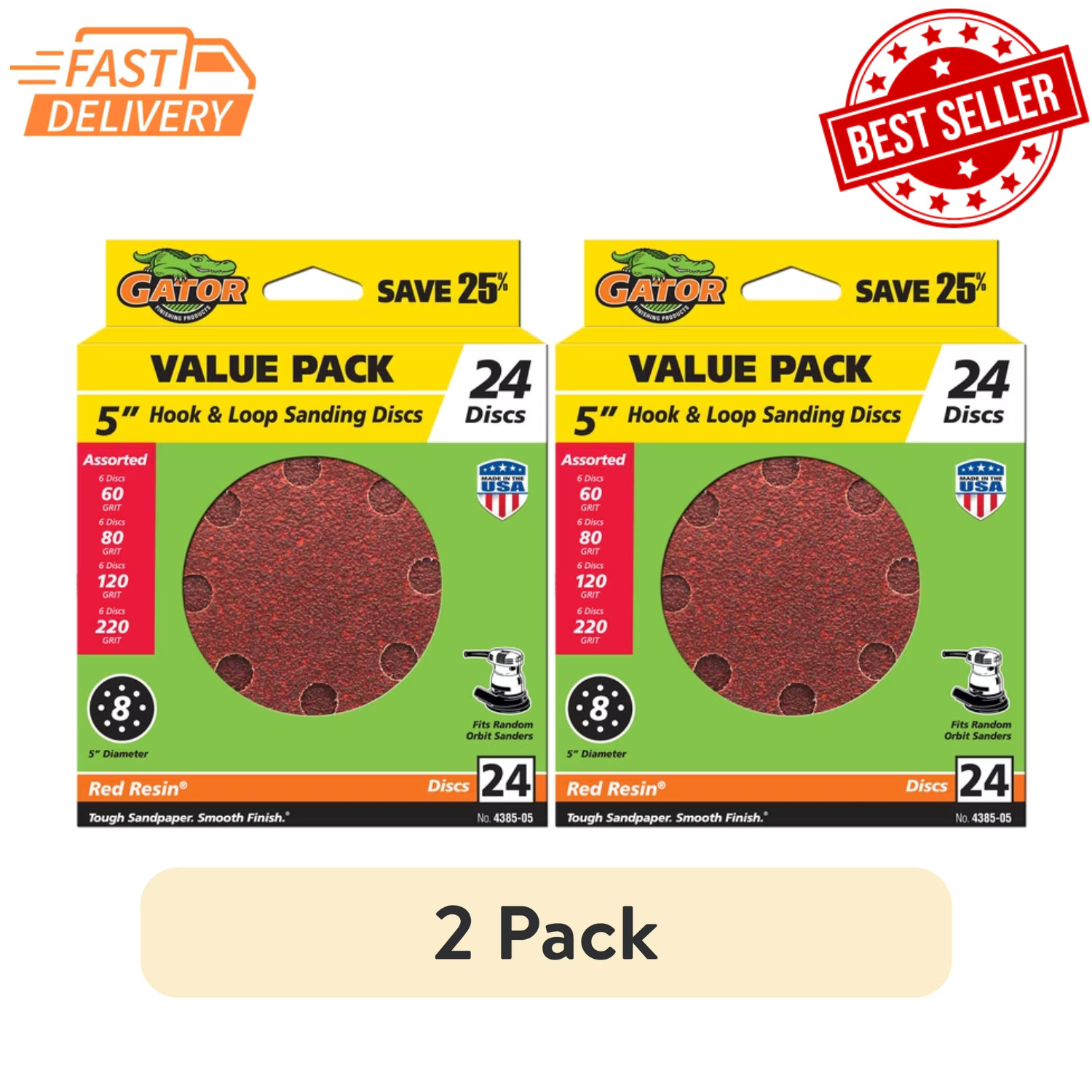 2 Pack Gator 438505 5 Inch Assorted Grit Hook and Loop Sanding Discs Box