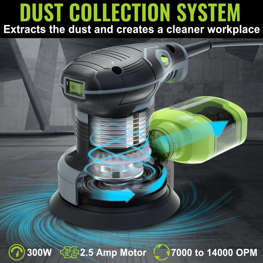5″ Random Orbit Sander 6 Variable Speeds 7000 to14000 RPM 2.5Amp Electric Sander