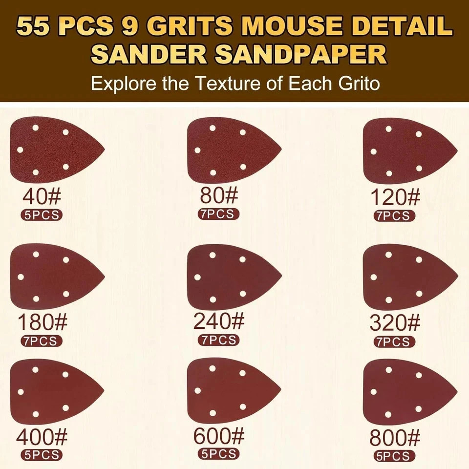 55pcs Mouse Detail Sander Sandpaper Premium Triangle Sanding Pads 9 Grits 40-800
