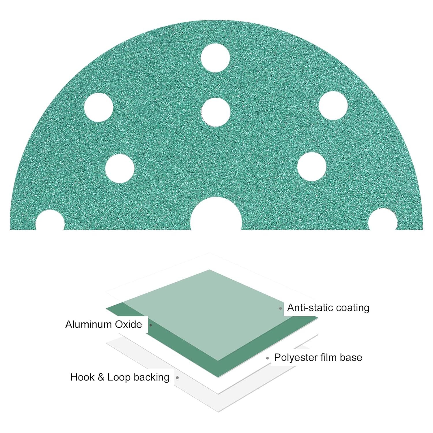 150mm 120 Grit Sanding Discs 6″ Hook and Loop 15 Hole Pattern 50 Pack Green Film
