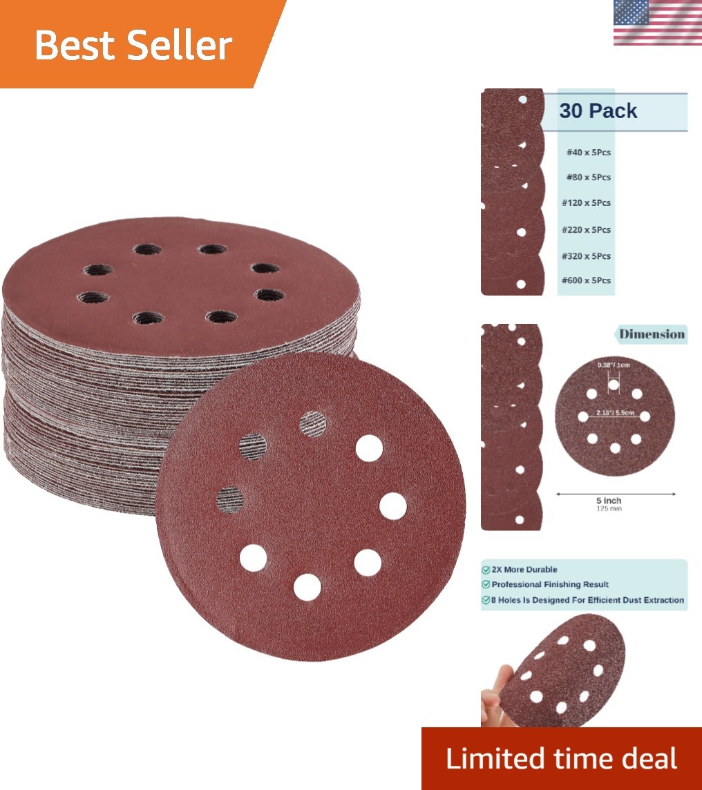 Bates 5 Inch Sanding Discs – 30 Count, Assorted Grits for Finishing Work