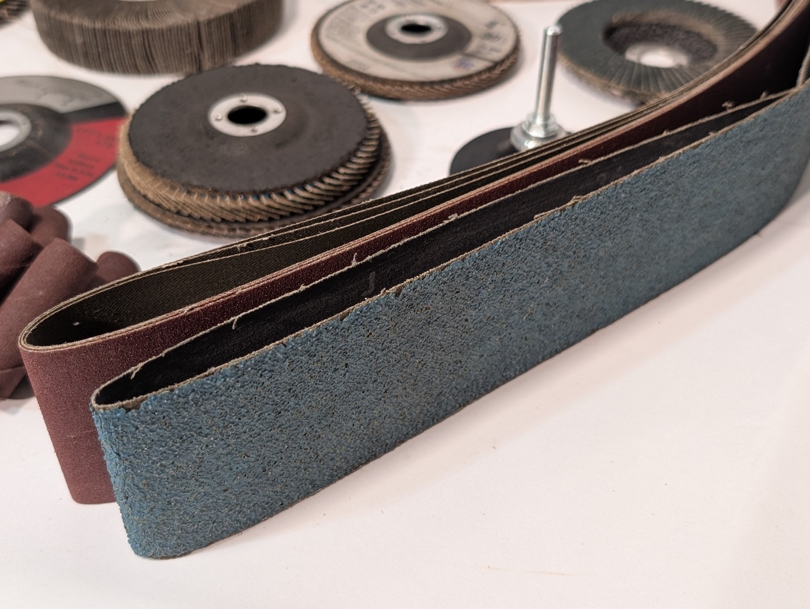 Lot of 70 Assorted Grinding and Sanding Wheels/Belts, Some Used, Most Unused