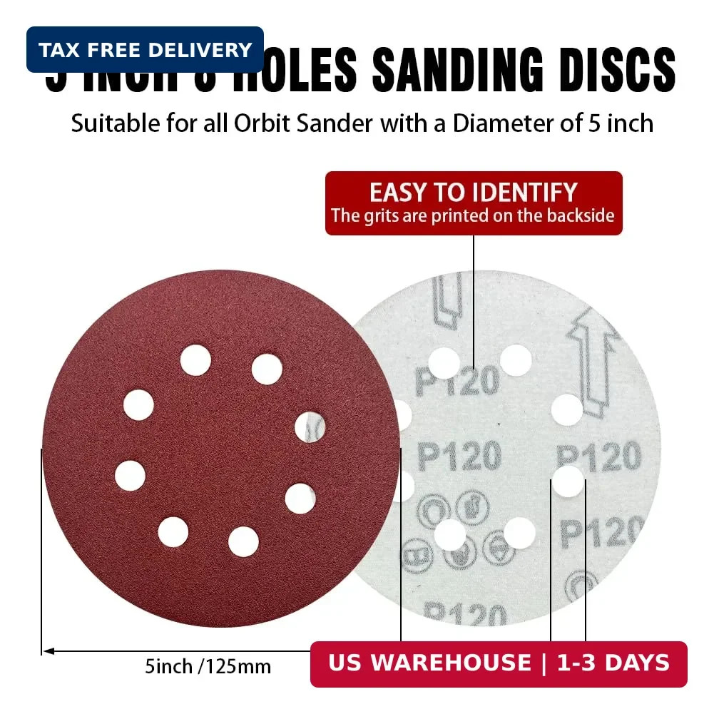 52 Pack 5 Inch 8-Hole Hook and Loop Sanding Discs Sandpaper Red Round 60 80 120