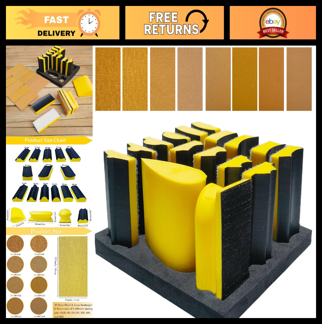 56 PCS Hand Sanding Block Set – 16 Contoured Profile Sanders + 40 Sandpaper Shee
