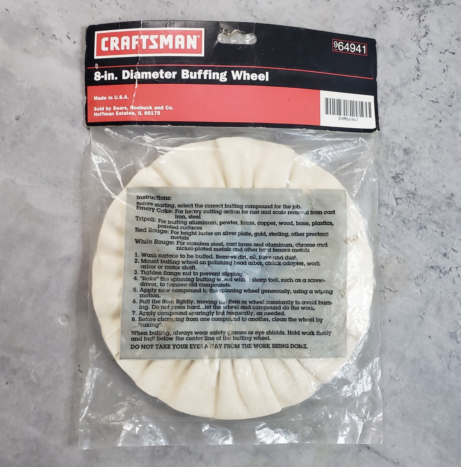 Sears Craftsman 8″ Buffing Wheel 5/8″ Arbor Hole 64941 NOS Sealed