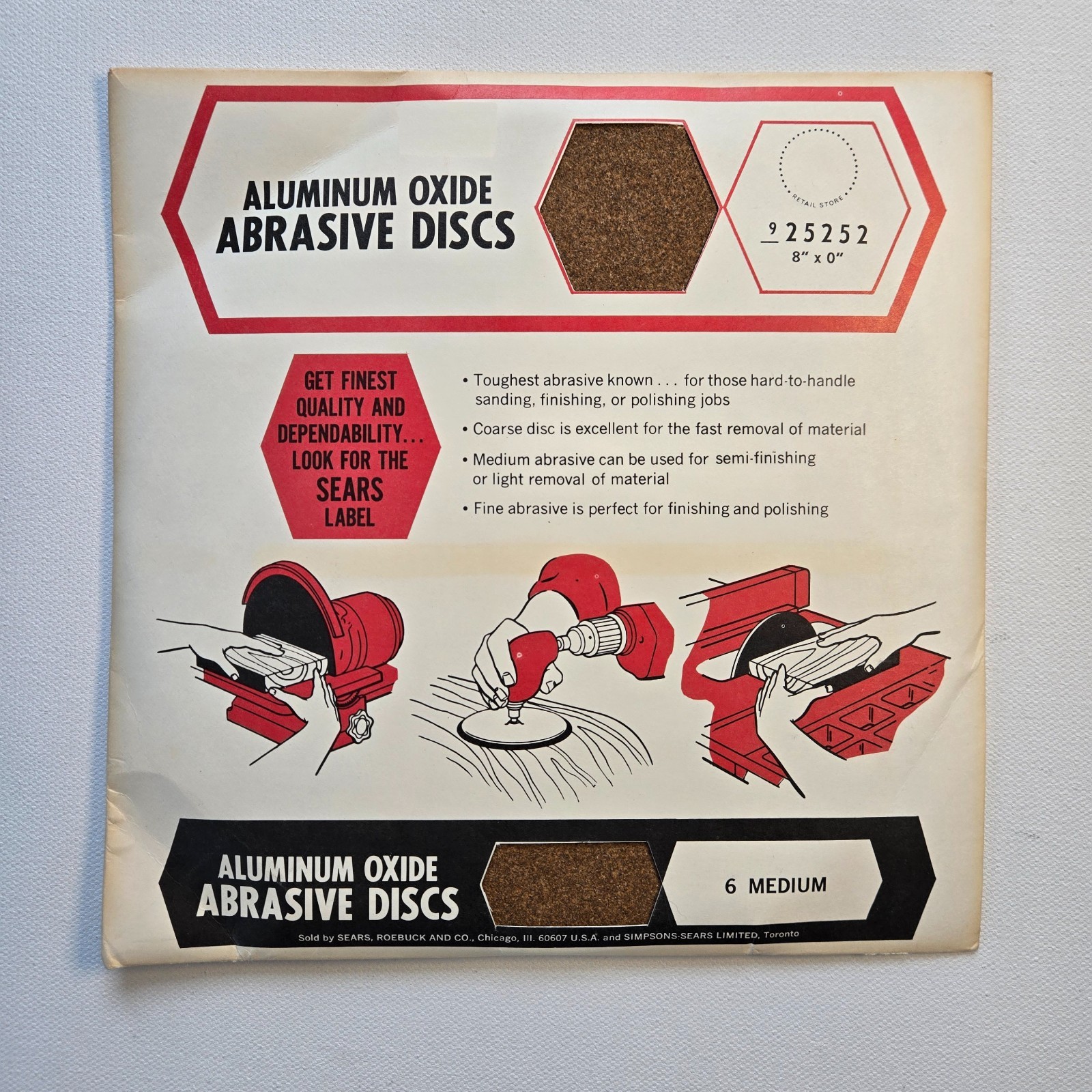 Sears Aluminum Oxide Abrasive Discs 8″ Diameter 6 Medium 925252 Vintage 6 Count