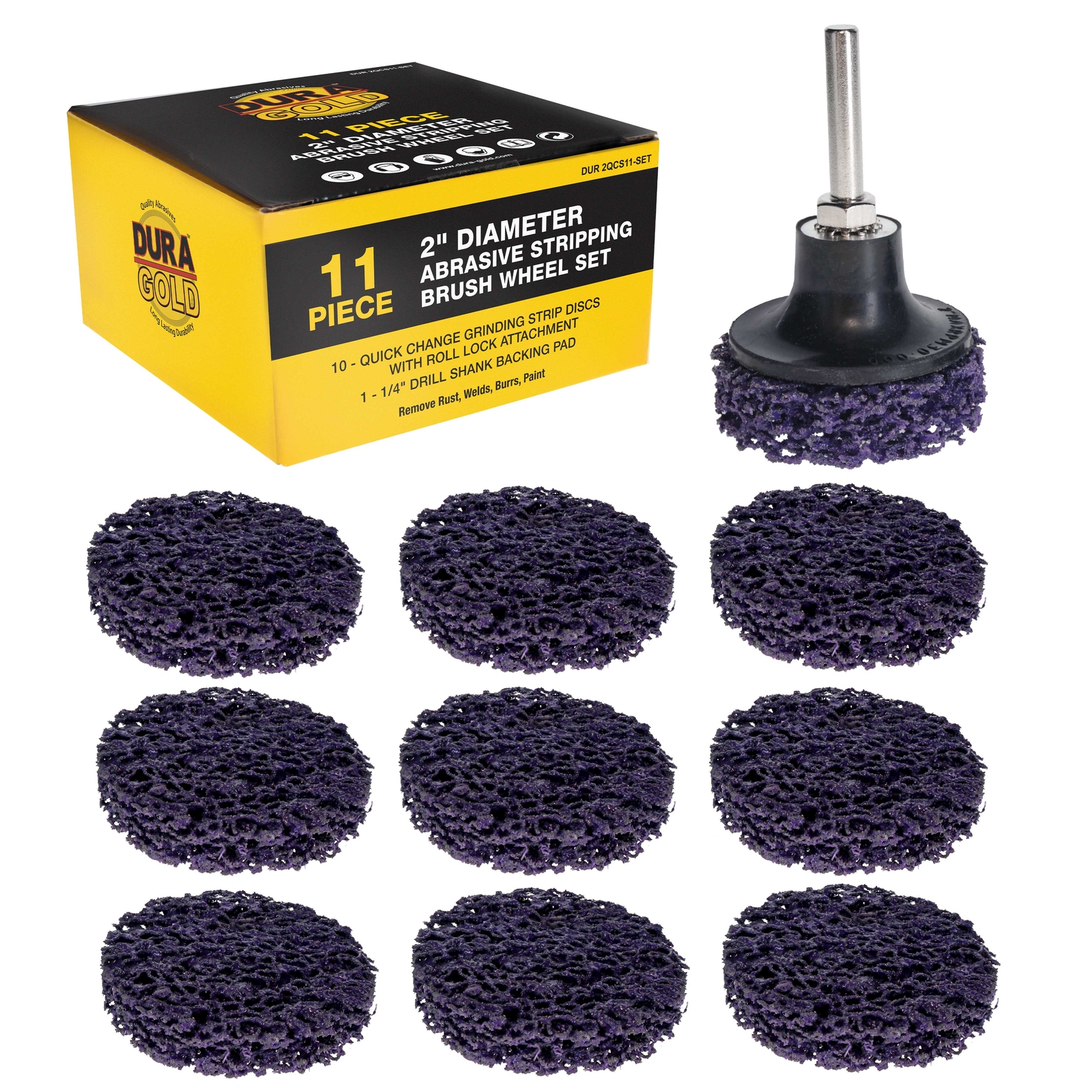 Dura-Gold 11 pc 2″ Diameter Abrasive Stripping Brush Wheel Set with Backing Pad