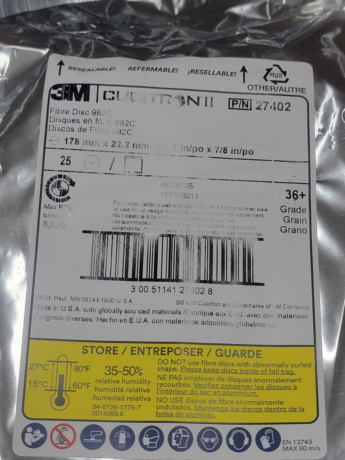 3M Cubitron II Fibre Disc 982C, 36+, 7 in x 7/8 in, Die700BB, 25/Bag.FreeShipL48