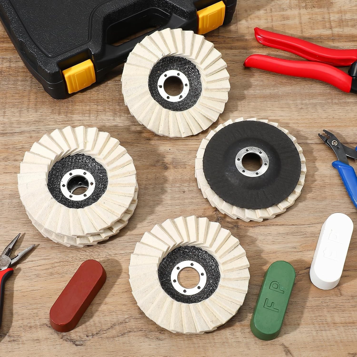 8 Pcs Wool Polishing Wheel Disc Set with Buffing Wheel and Compound, 4 1/2 X 7/8