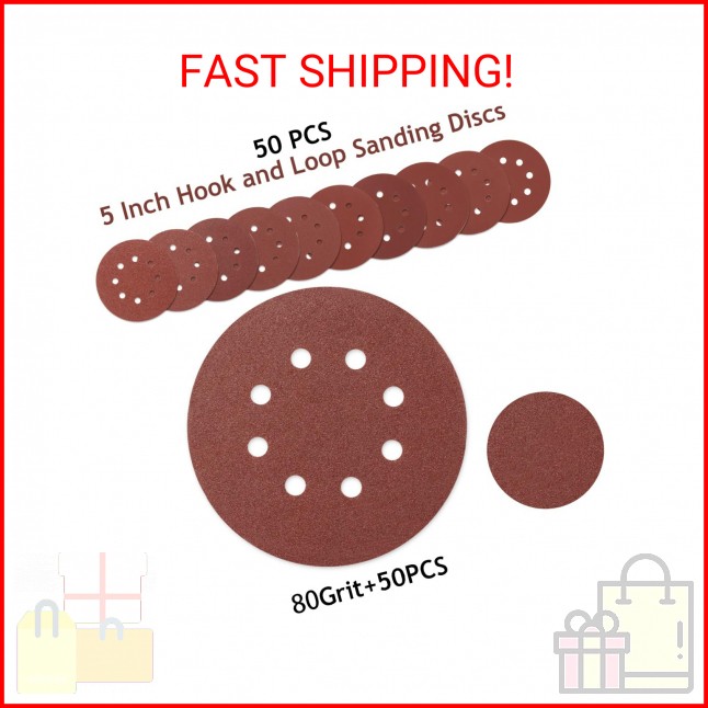 SUPBICCO 5 Inch 8 Hole Sanding Discs Hook and Loop, 50 PCS 80 Grit Round Sand Pa