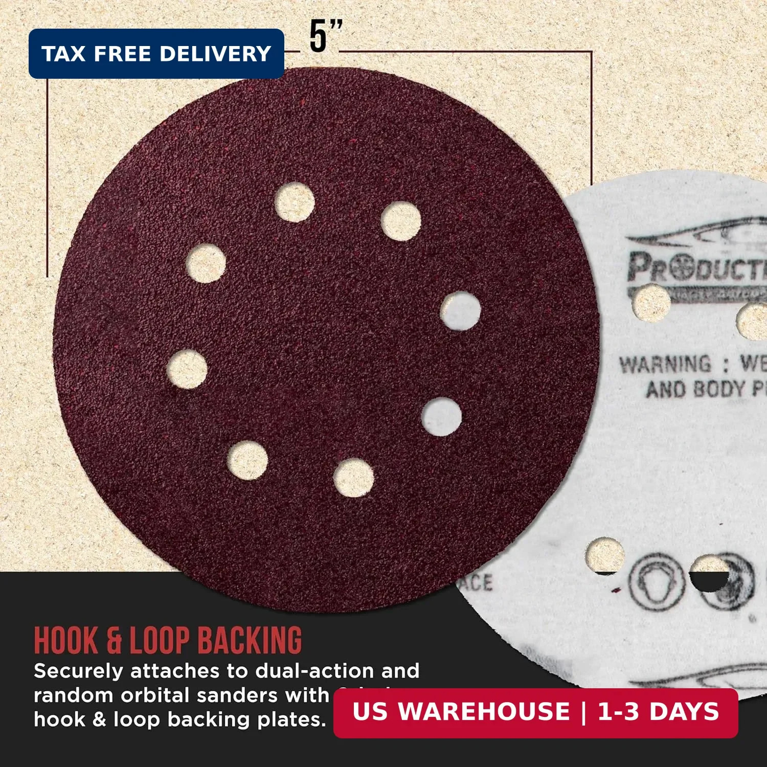 ProductionShop 5″ Red 8-Hole Pattern Sanding Discs, 50 Disc Variety Pack, Grits