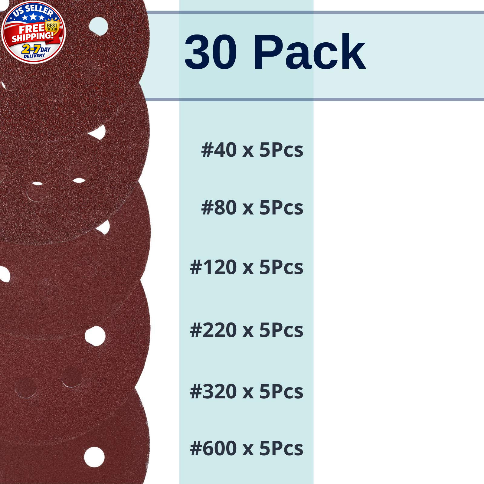 30 Pack 5 Inch 8 Hole Hook and Loop Sanding Discs Assorted Grit Orbital Sander
