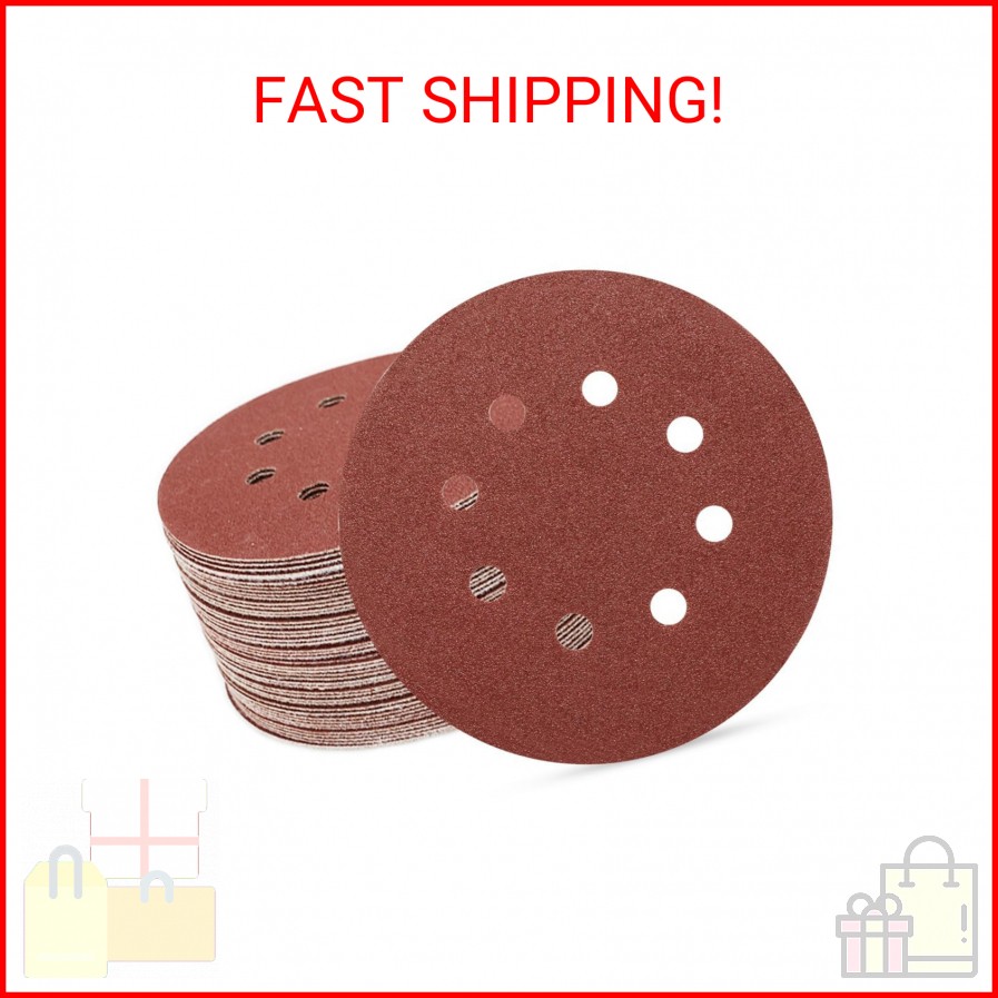 SUPBICCO 5 Inch 8 Hole Sanding Discs Hook and Loop, 50 PCS 80 Grit Round Sand Pa