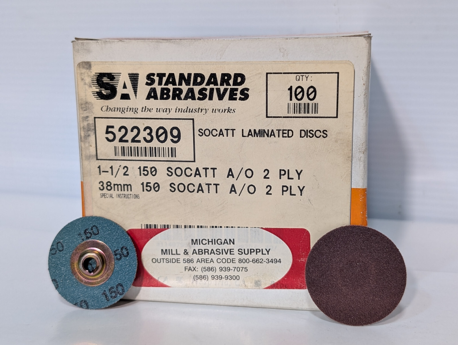Standard Abrasives 100ct 522309 SOCATT Laminated Discs, 1-1/2″, 150 Grit, 2 Ply