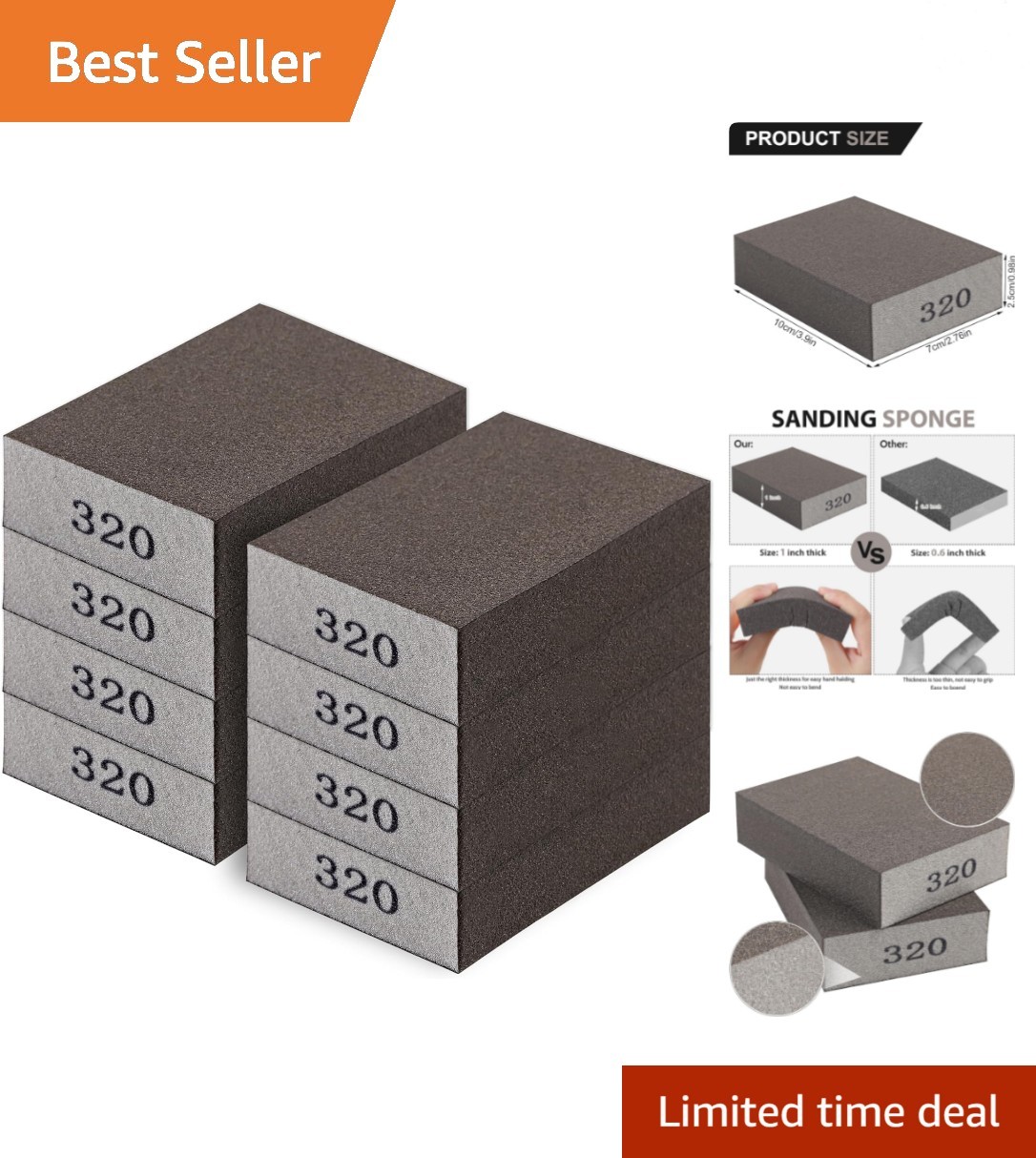 Durable 8-Pack Sanding Sponges, 320 Grit – Perfect for Wood and Metal Finishing