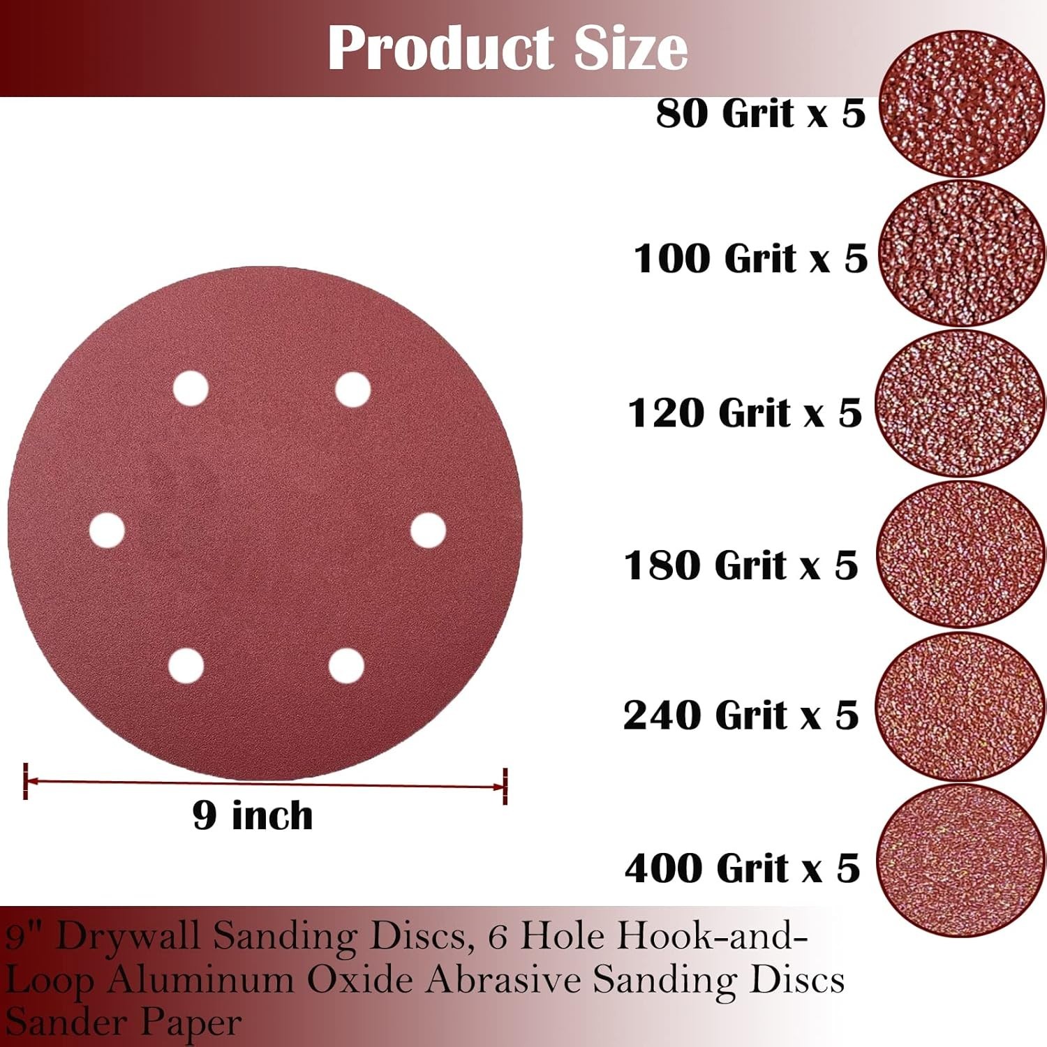 Versatile 30 PCS 9-Inch 6-Hole Sandpaper Discs Set – Durable Hook-and-Loop Grits