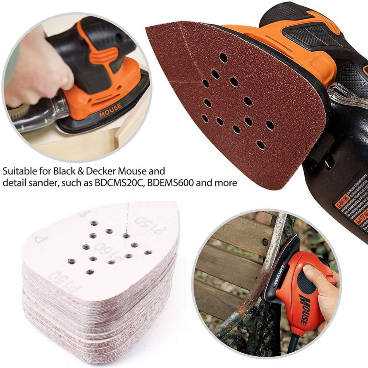 Mouse Sander Sandpaper Detail Sanding Pads Hook Loop 60-220Grit for Black+Decker