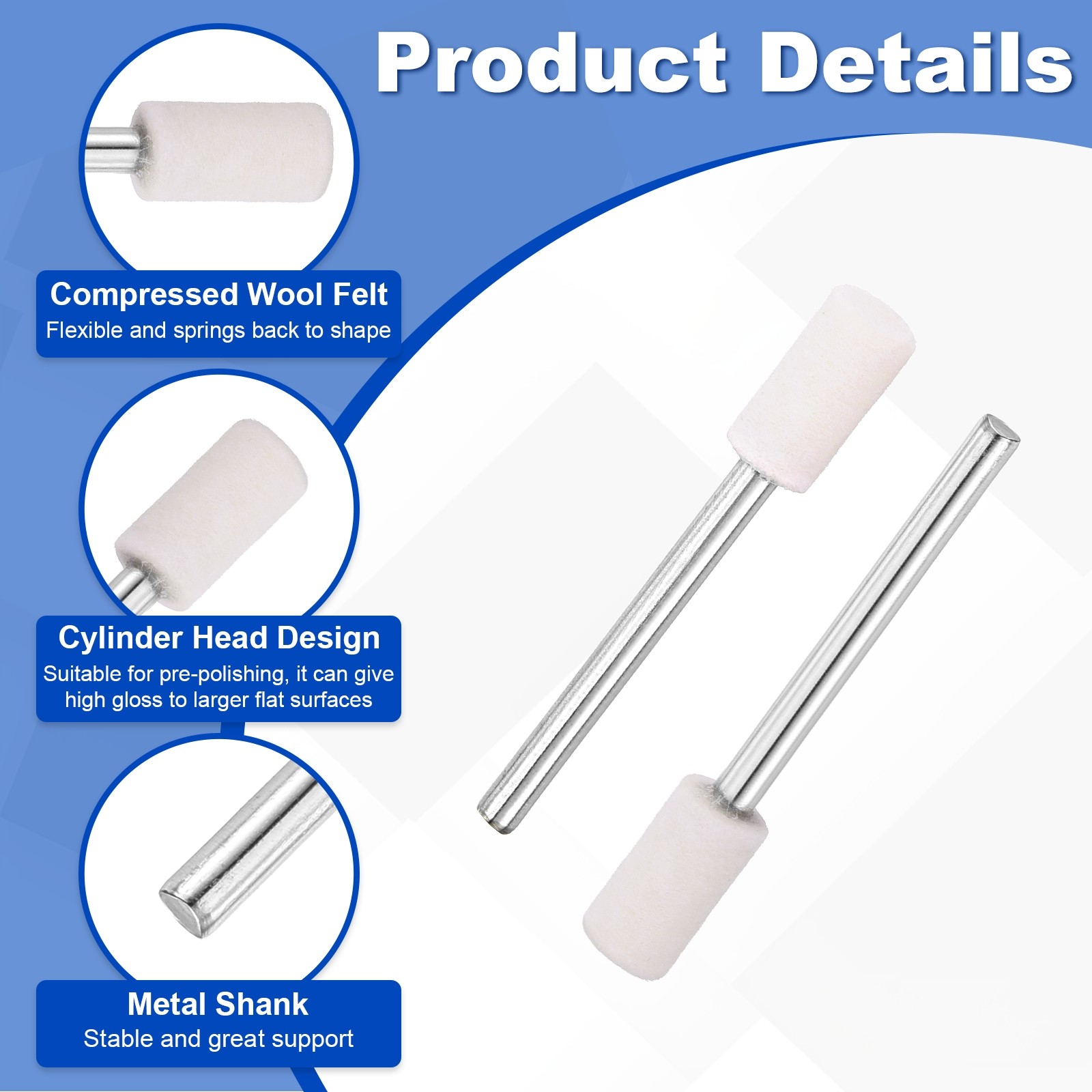 20 Pcs Wool Felt Mounted Mandrel Points 5mm Cylinder Head with 1/8″ Shank