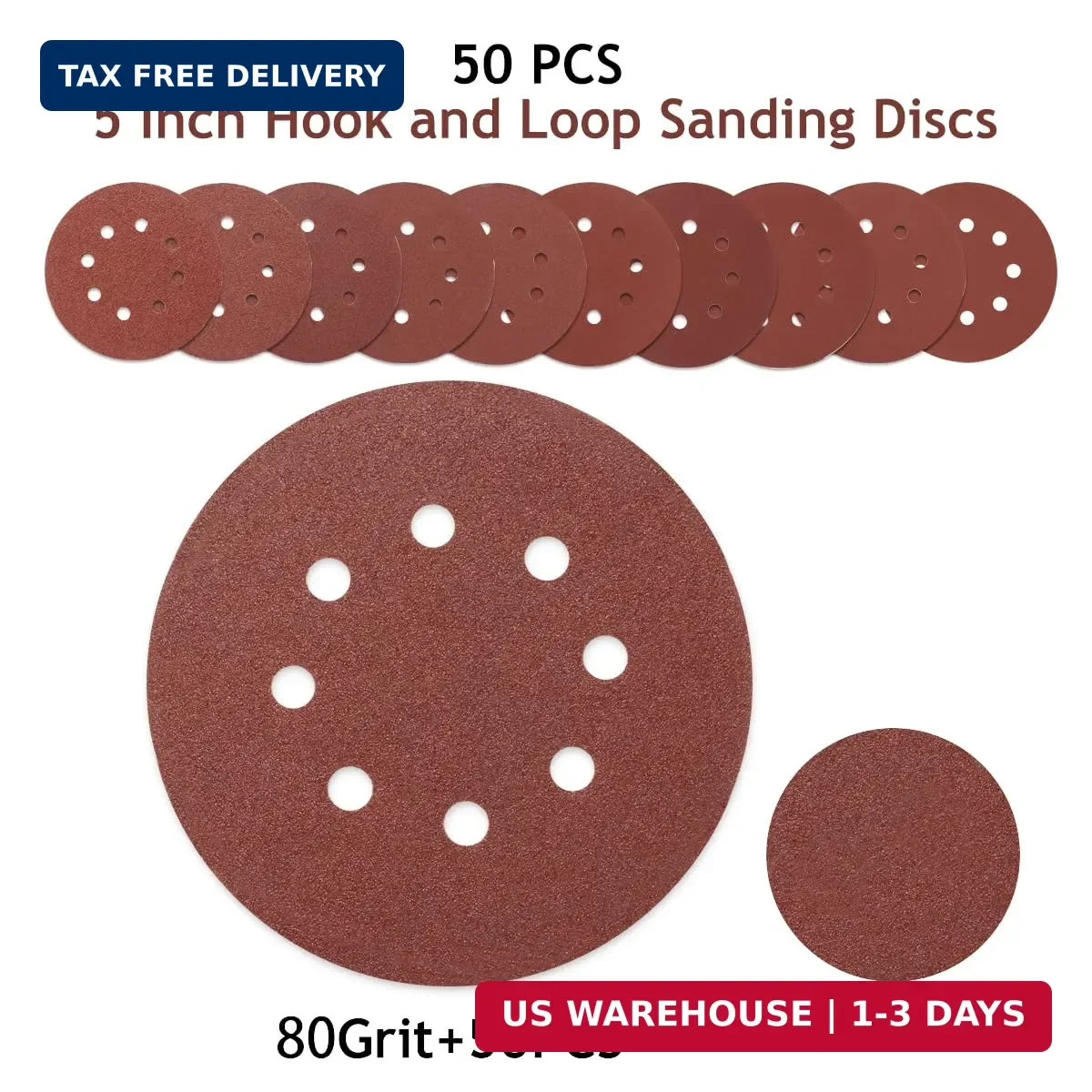 5 Inch 8 Hole Sanding Discs Hook and Loop, 50 PCS 80 Grit Round Sand Paper Disc,