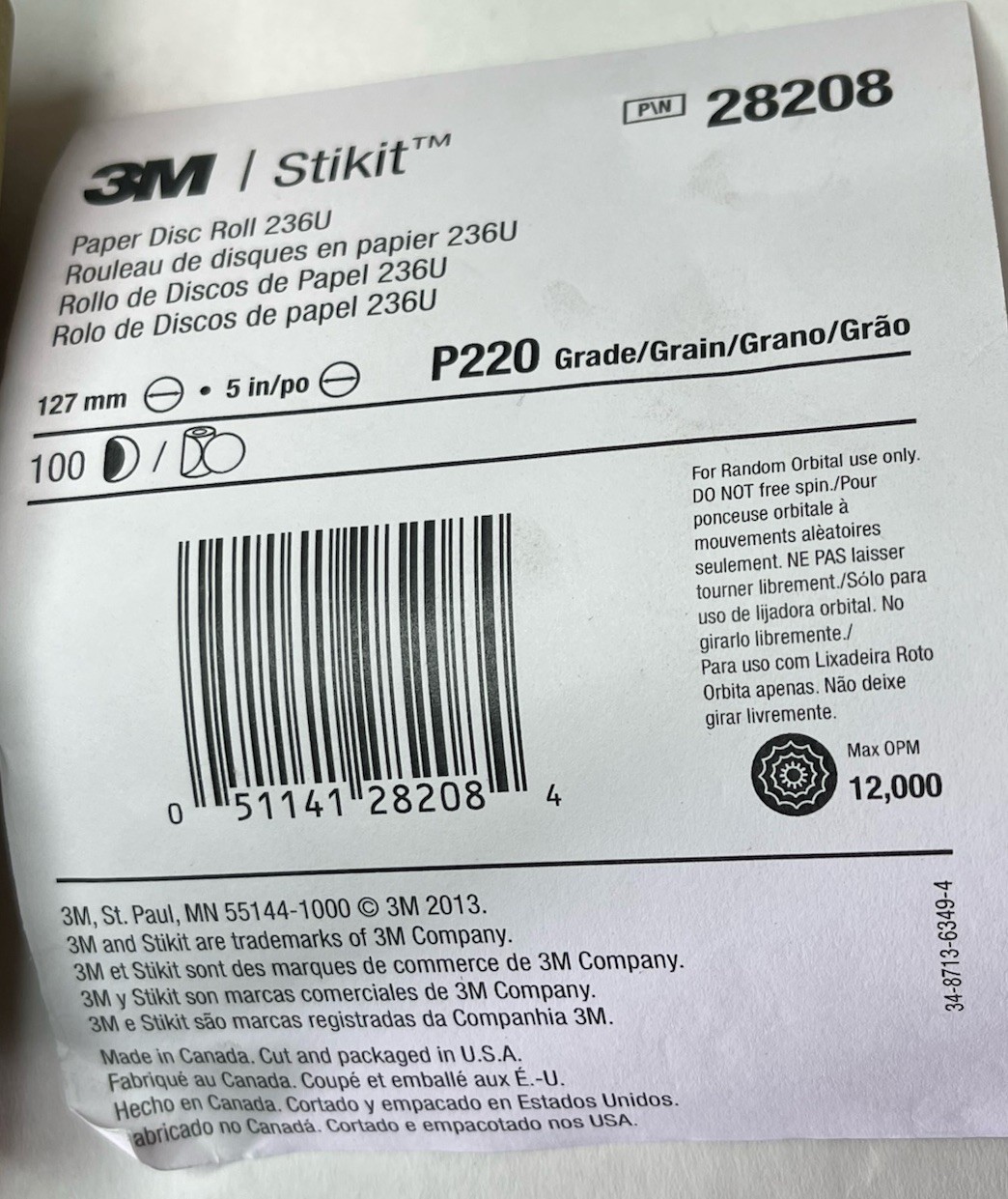 3M Stikit Paper Disc Roll 236U, P220 127mm, 5 in x NH, Linered Qty.100(26MY1)