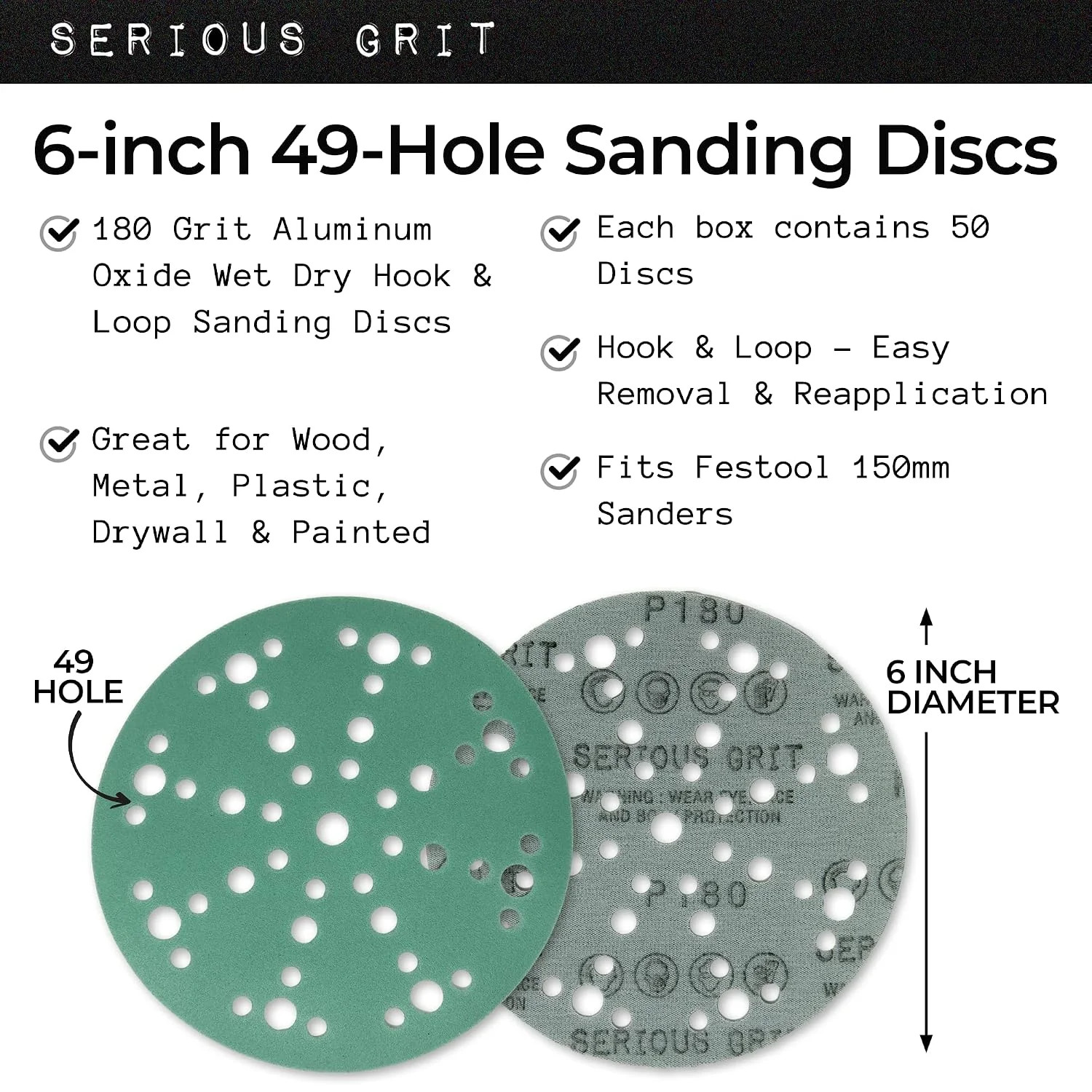 6-Inch 49-Hole P180 Grit Sanding Discs – 50 Pack Box | Fits Festool ETS / RO 150