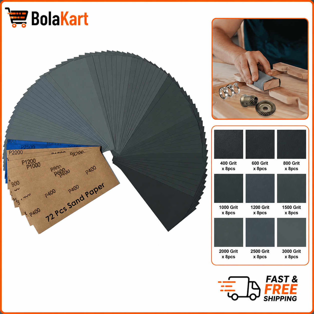 72PCS Sandpaper Assortment Wet Dry Sanding Sheets 400-3000 Grit 9×3.6 Inch