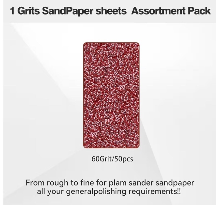 50 Pack 1/4 Sandpaper Sheet – 4-1/2” x 5-1/2”, P60 Grit, Red Aluminum Oxide, Pla