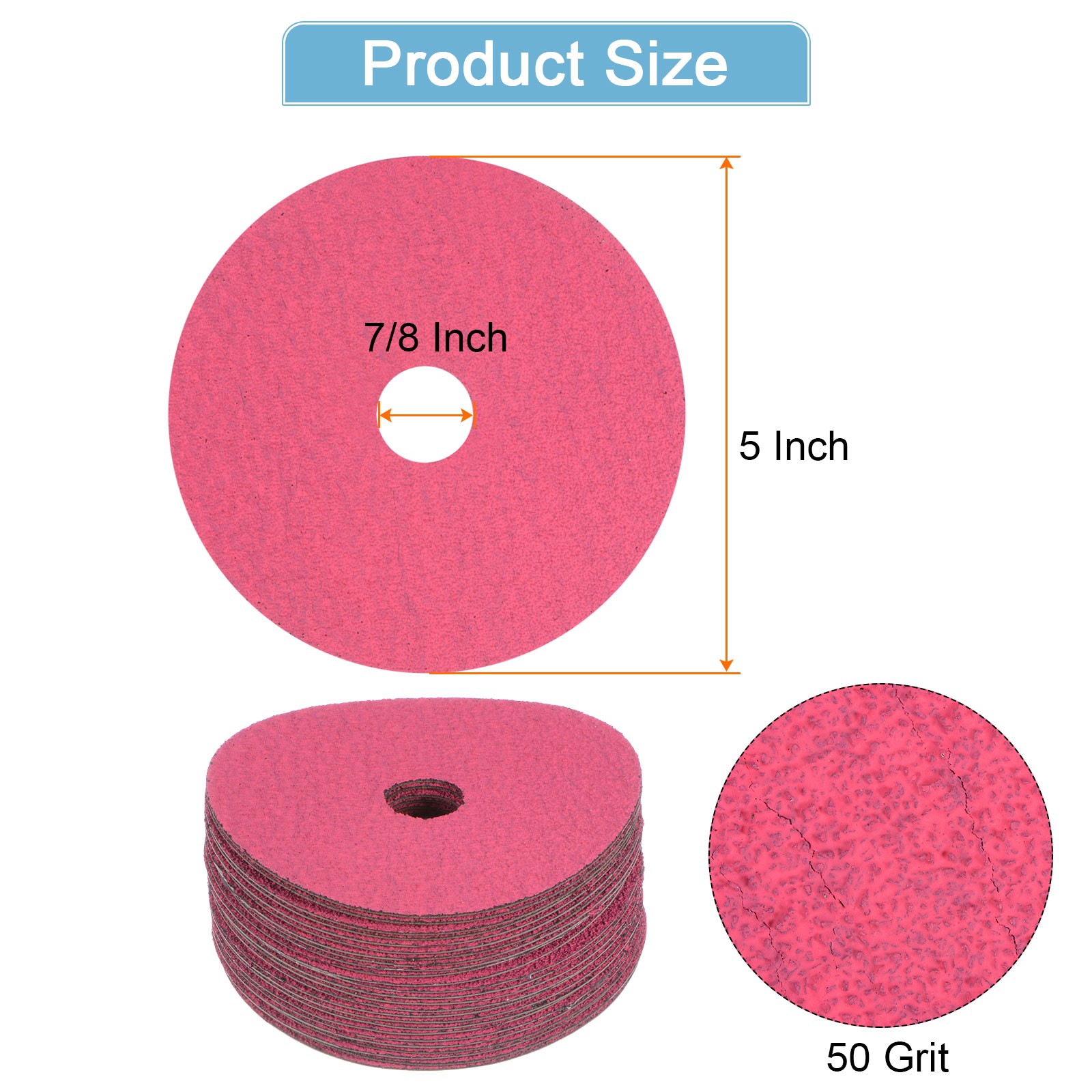 25PCS 50 Grit Fiber Grinding Sanding Discs 5″ x 7/8″ Ceramic Discs Red