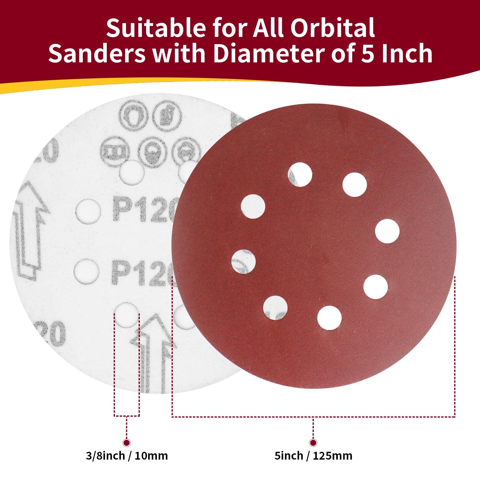 5 Inch 8 Hole Sanding Discs Hook and Loop, 20 PCS 120 Grit Round Sand Paper D…