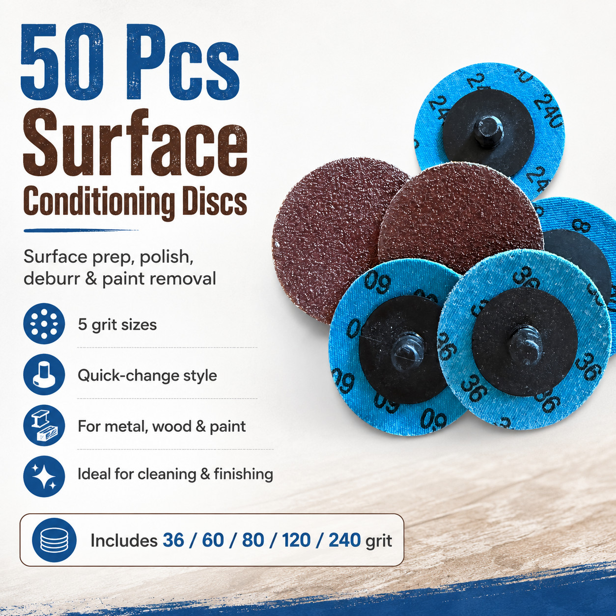 50 Pcs Surface Conditioning Discs 36 60 80 120 240 Grit Prep Polish Paint Remova