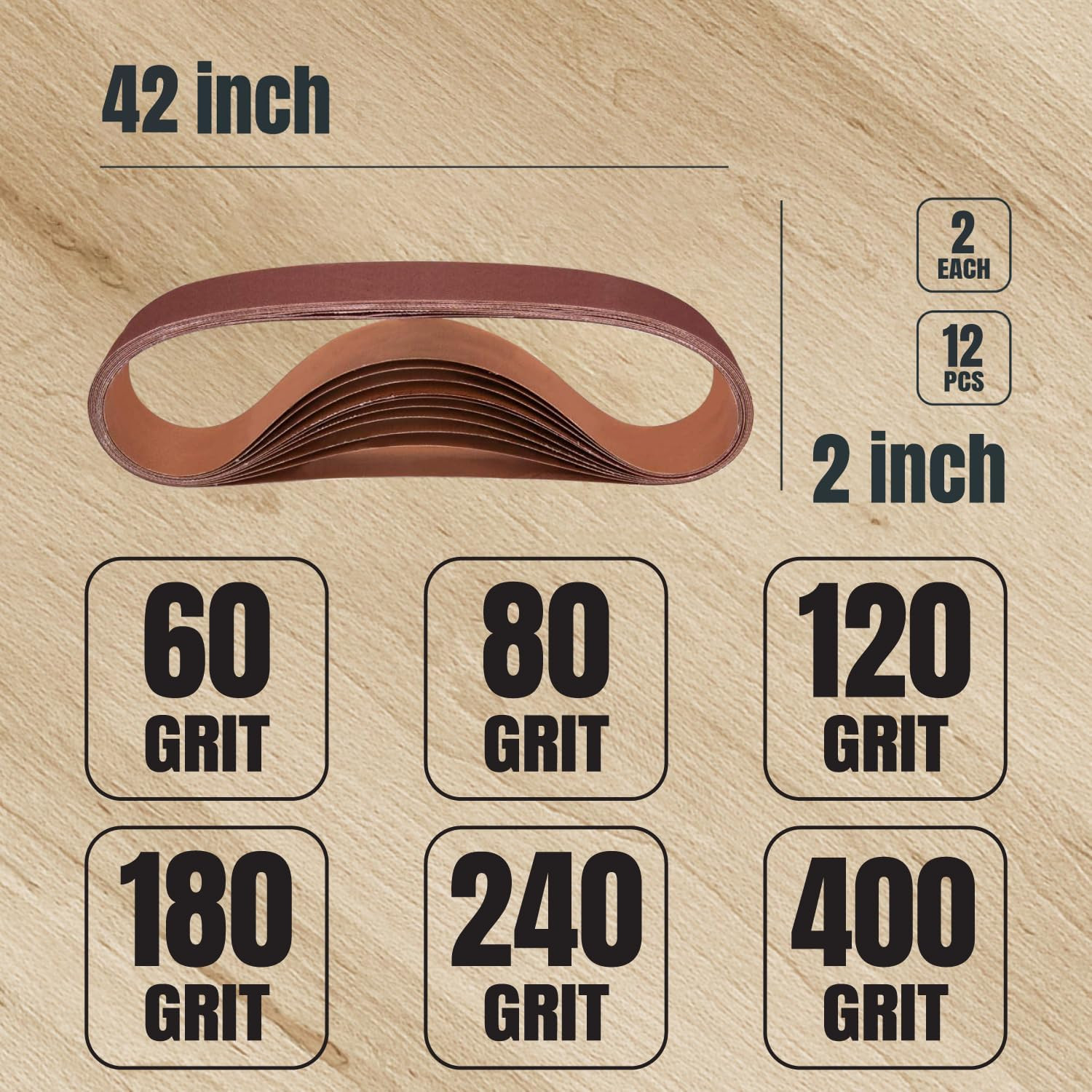 2X42 Sanding Belts, 12PK, 2 Each of 60/80/120/180/240/400 Grits, 2 X 42 Sanding