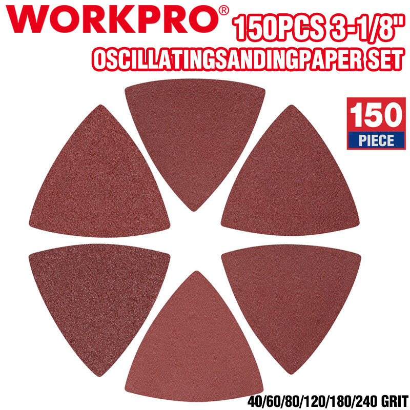 WORKPRO 150PCS 3-1/8″ Triangle Sanding Pads Hook Loop 40/60/80/120/180/240 Grits
