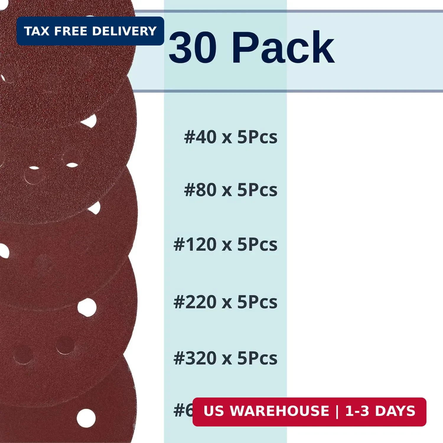 Bates- Sanding Discs 5 Inch 8 Hole, 30 Pack, Assorted Grits 40 80 120 220 320 60