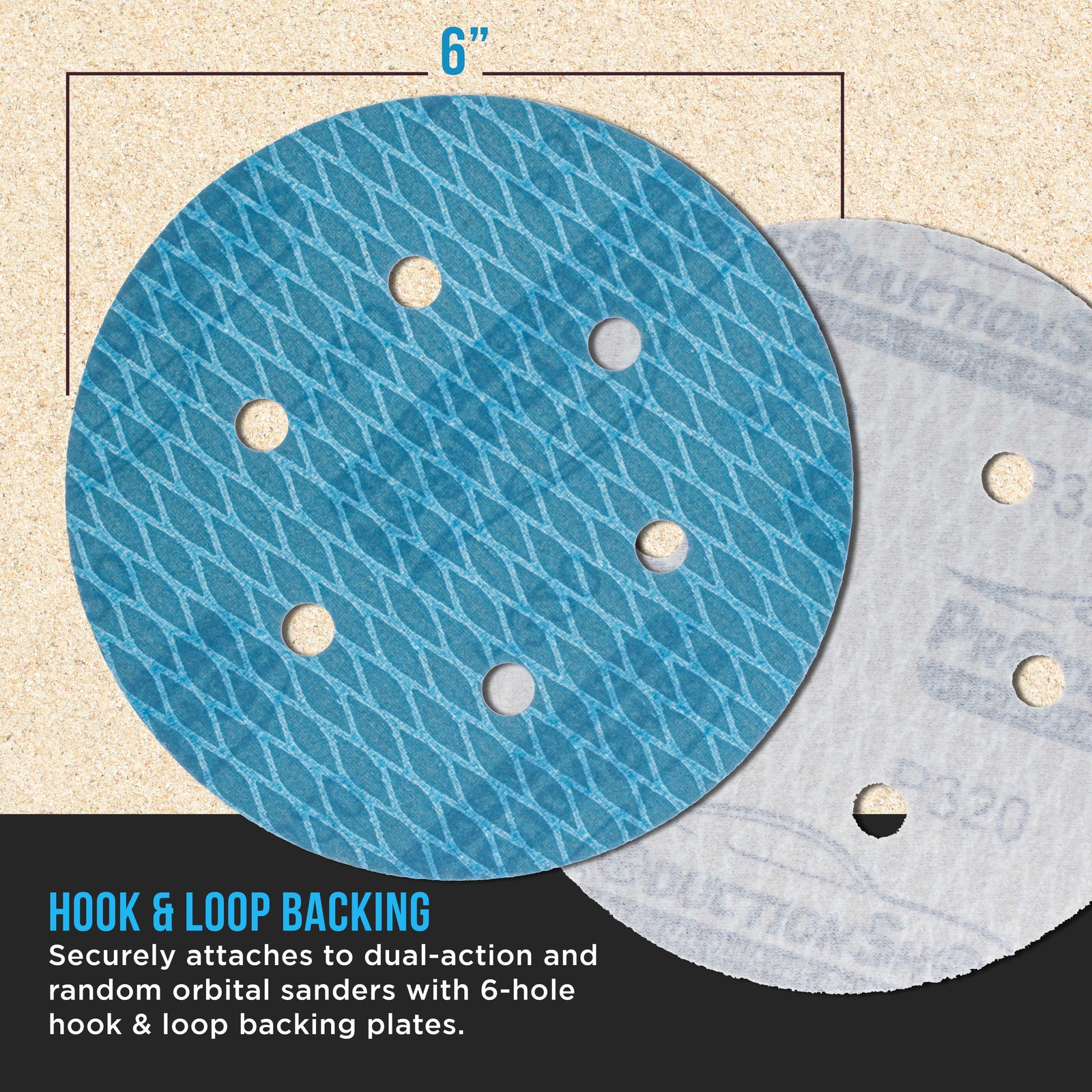 320 Grit 6″ Diamond Shape Sanding Discs, 6-Hole, Box of 50 Hook & Loop Sandpaper