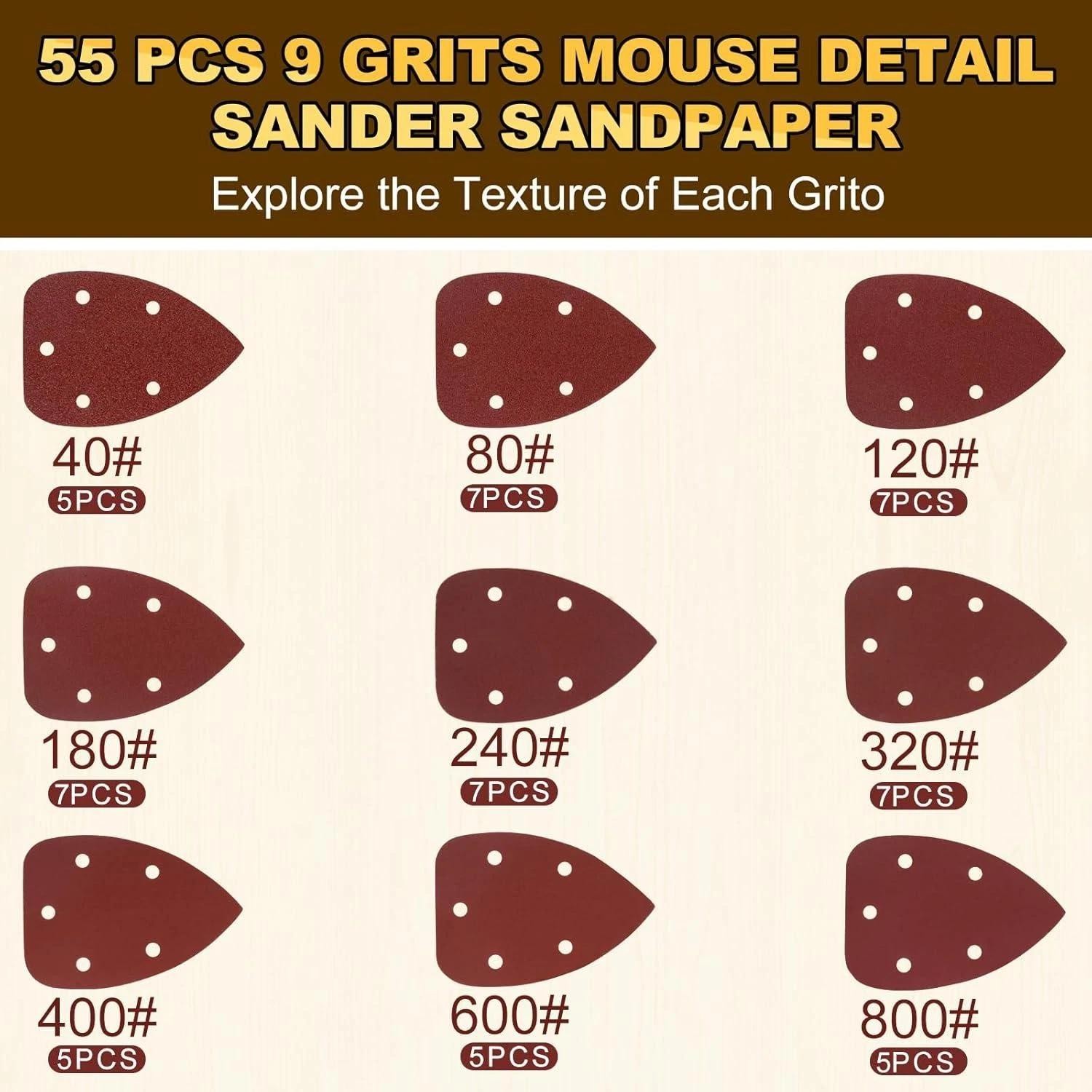 55pcs Mouse Detail Sander Sandpaper Premium Triangle Sanding Pads 9 Grits 40-800