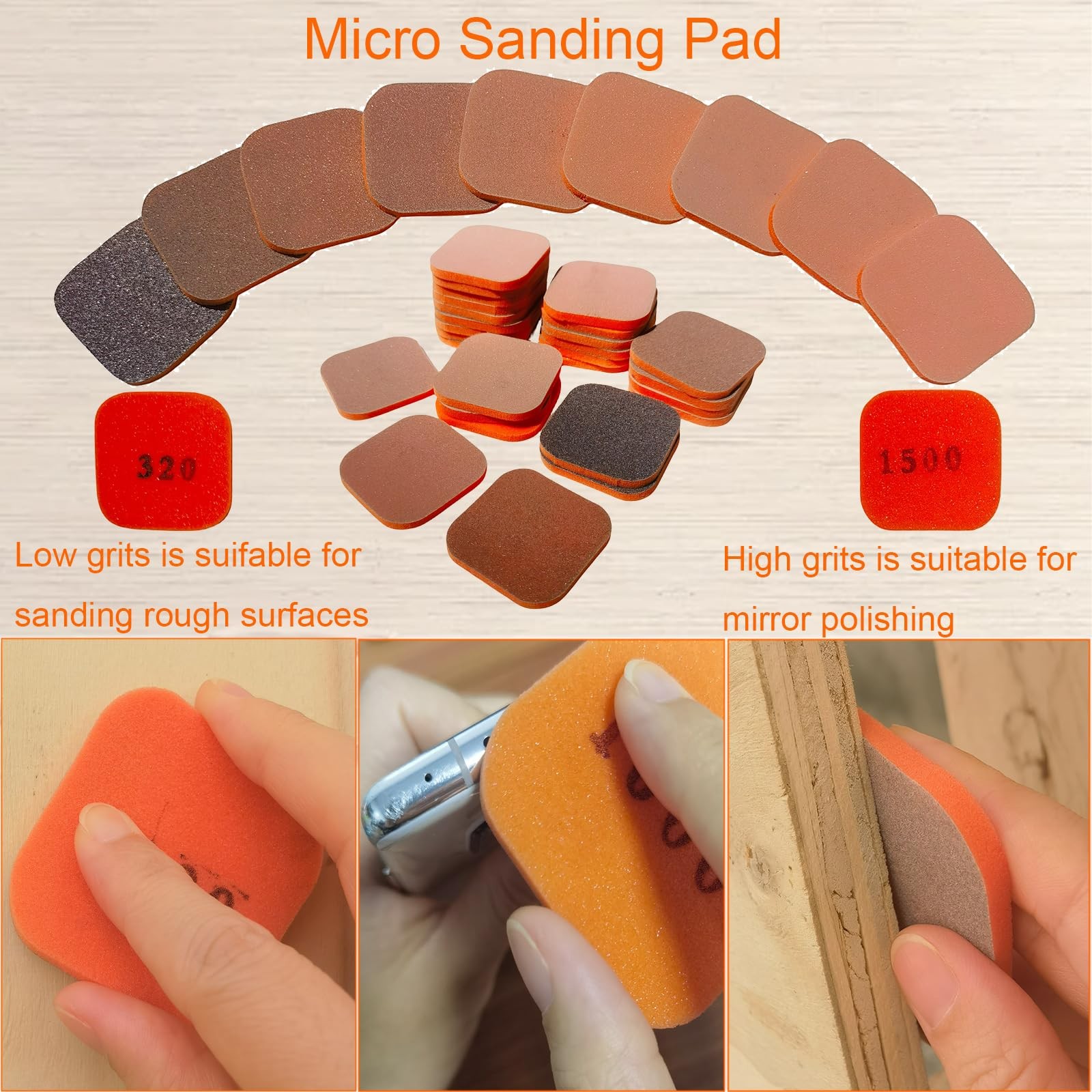 Toromp 2×2 Inch Soft Touch Sanding Pads 27 Pack Orange 320-3500 Grit