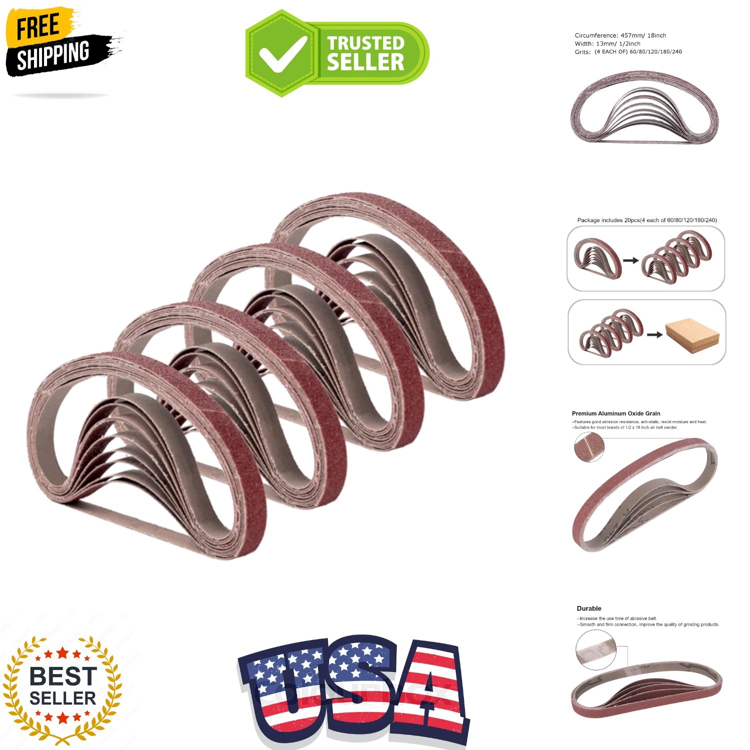 1/2 Inch x 18 Inch Sanding Belts, 4 Each of 60/80/120/180/240 Grits, Belt San…