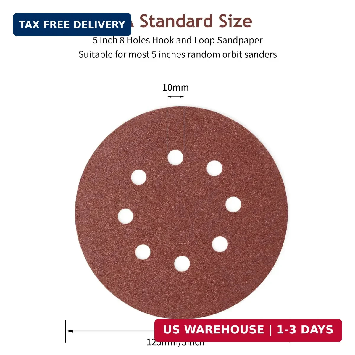 5 Inch 8 Hole Sanding Discs Hook and Loop, 50 PCS 80 Grit Round Sand Paper Disc,