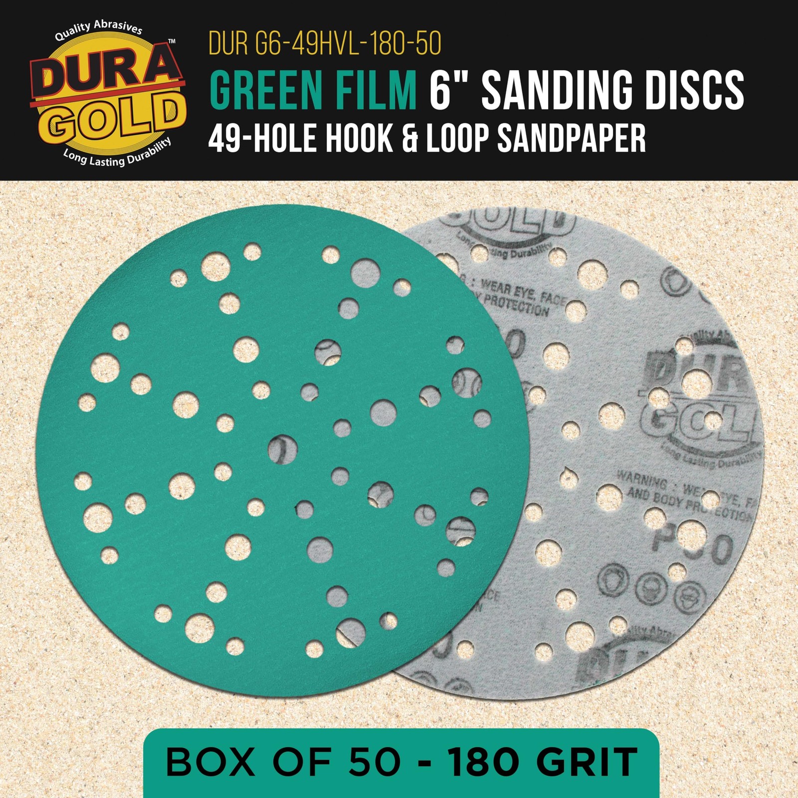 Dura-Gold Premium 180 Grit 6″ Green Film Sanding Discs, 6 inches,