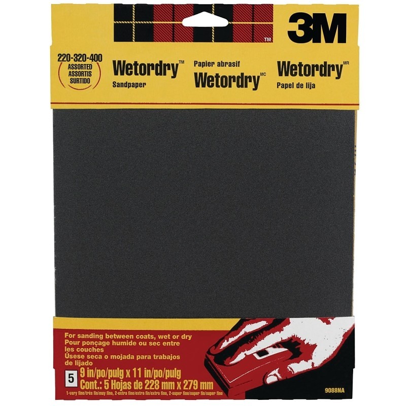 3M 9088 Sandpaper, 11 in L, 9 in W, Extra Fine/Super Fine/Very Fine, Silicone Ca